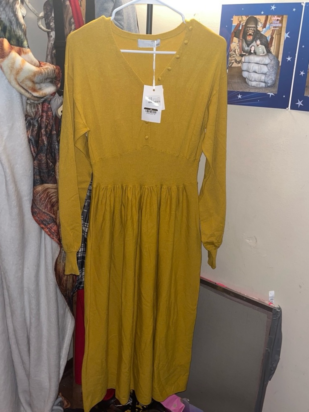 Women's Long-Sleeve Mustard Maxi Dress with V-Neck and Button Detail